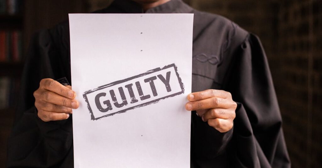 A judge in a courtroom holding a paper with a guilty verdict, symbolizing law and justice.