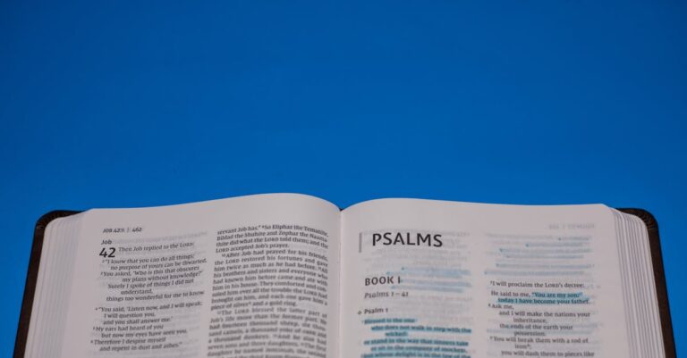 Open Bible displaying Psalms against a vibrant blue backdrop.