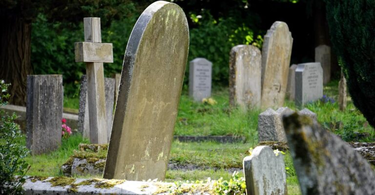 Weathered tombstones in a tranquil cemetery surrounded by greenery.
