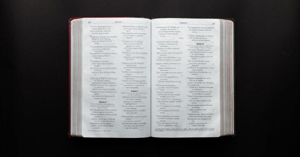 Open Bible displaying Psalms on a dark surface for study or inspiration.